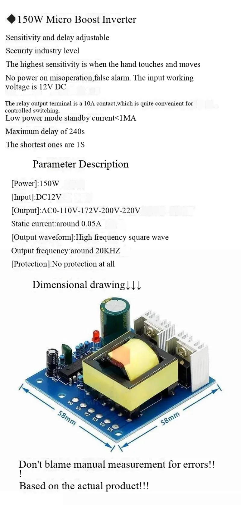 DC-AC-Wechselrichter Stromversorgung Batterie DC12V auf 220V Boost-Modul 40W/50W/150W/500W – Detail 4