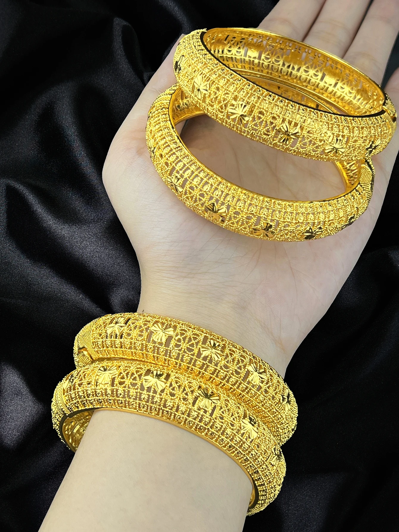 ANIID Dubai 24K Gold Plated Hollow Bangle for women Middle Eastern Hand Jewelry Ethiopian Wedding Party gifts