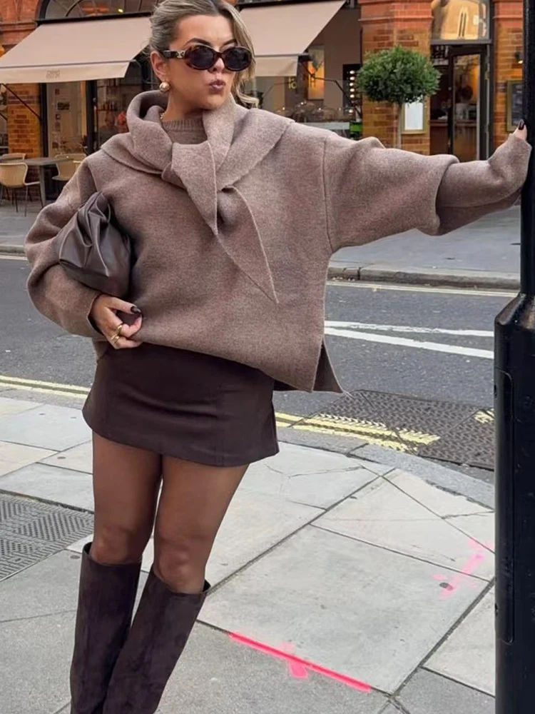 TFMLN New Women Soft Loose Knitted Sweaters Winter Solid Scarf Decoration Pullovers Leisure Warm Round Collar Knitwear ﻿