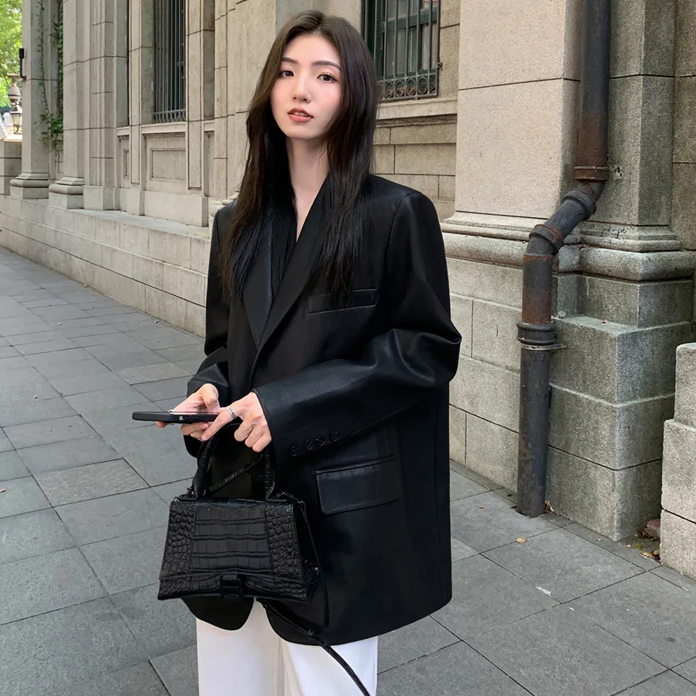 Women\'s Vintage Black Basic Leather Blazer Casual Tops Female Long Sleeve PU Outwear Lady Straight Suit Cool Veste Biker Coat