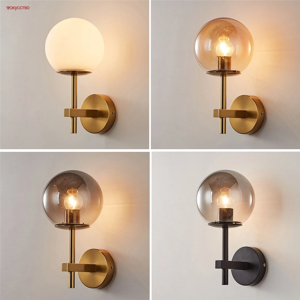 

Nordic Grey Amber Glass Ball Gold Pole Led Wall Lamp Luxury Living Room Stairs Aisle Exhibition Hall Bedroom Sconces Lighting