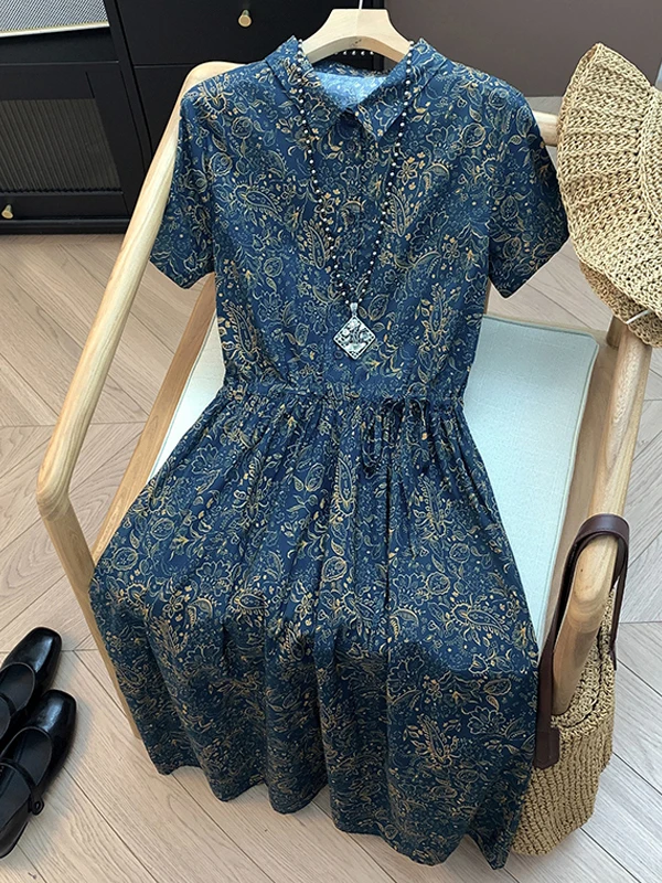 

Vintage Large Size Women's Floral Print Midi Dress Loose Fit High Waist Short Sleeve V-Neck Japanese Style Artistic Dress