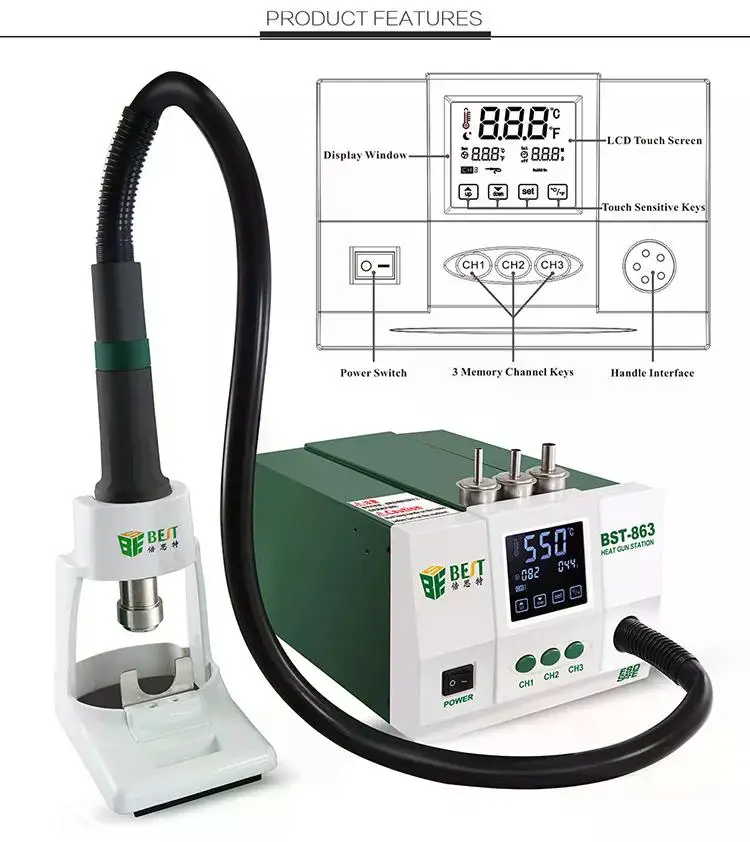 BST-863 Hot Air Gun Desoldering Station Digital Display LCD Touch Thermostat Anti-static Hot Air Gun