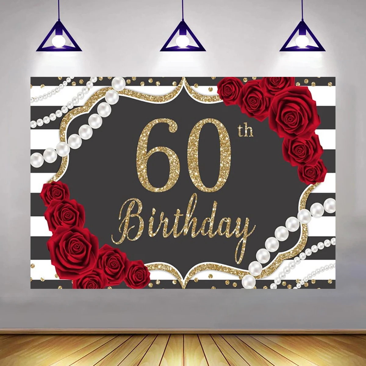 10x8ft Fabric Happy 60th Birthday Background  Red Rose Pearl Photography BackdropLady Party Celebration Welcome Banner