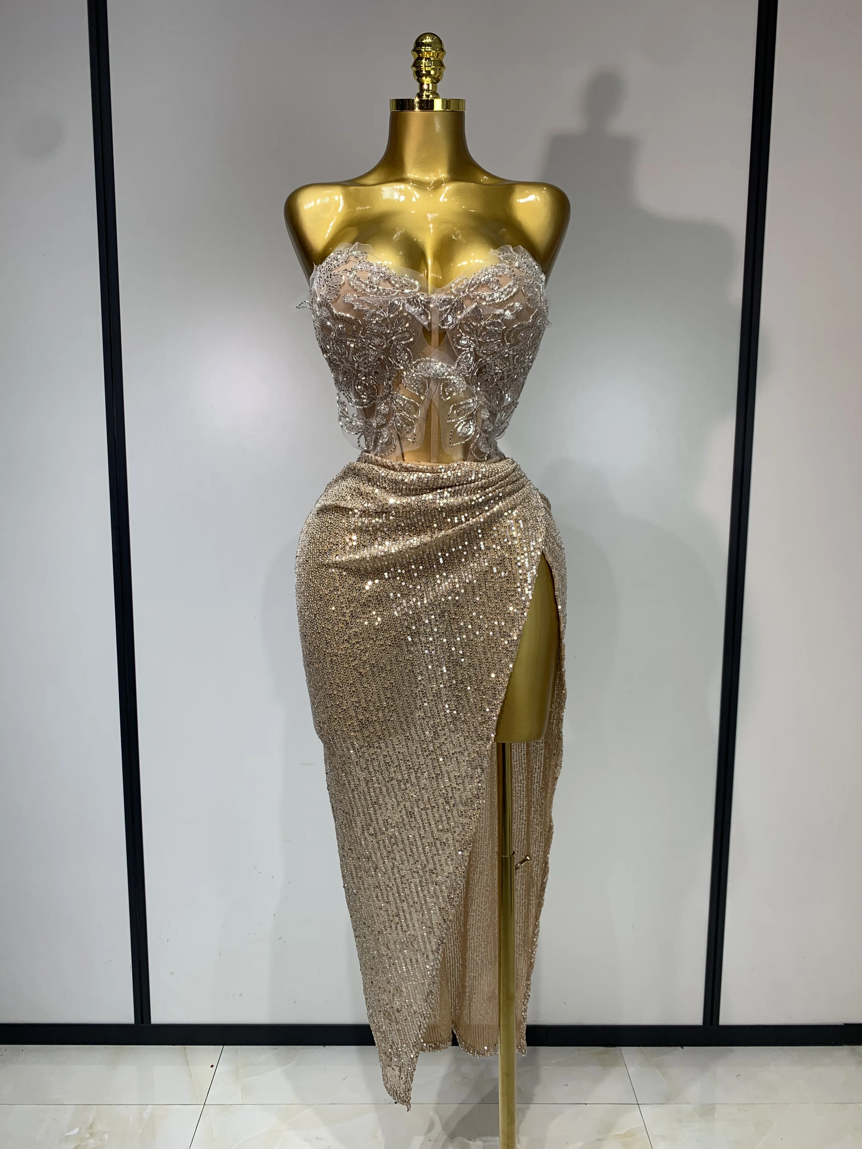 Shinning Beading Sequins Women Sexy Strapless Bodycon TWO Pieces Set