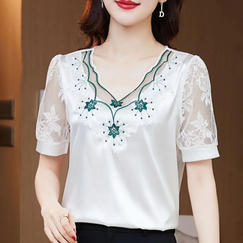 

Embroidery Floral Short Sleeves Women Blouse Satin V Neck Chiffon Blouse Match Pants Women Spring Shirt Casual Blouse Garment