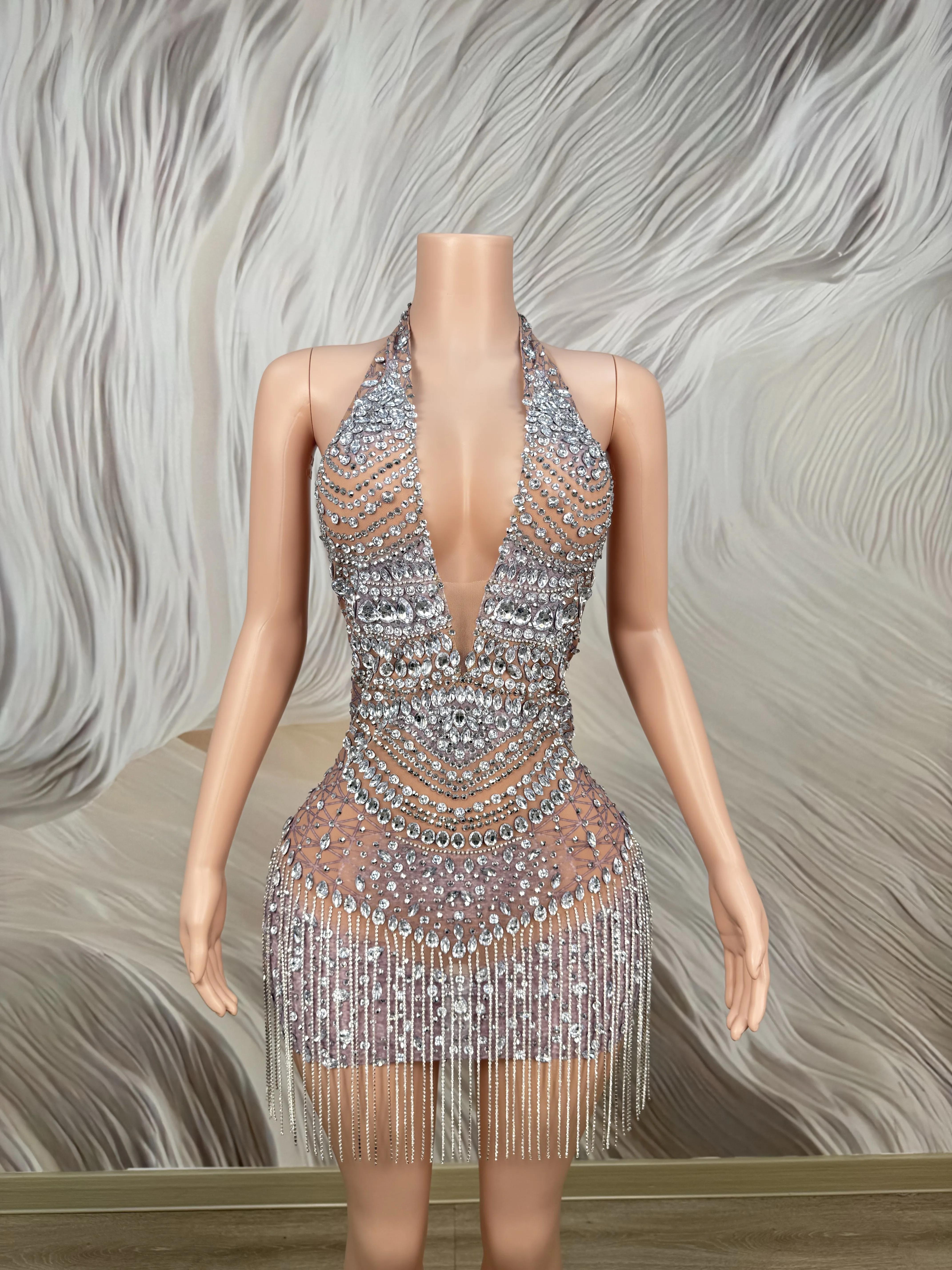 Sparkly Rhinestones Sexy Backless Mesh See Through Mini Dress Women Luxury Birthday Evening Party Dresses Nightclub Stage Outfit