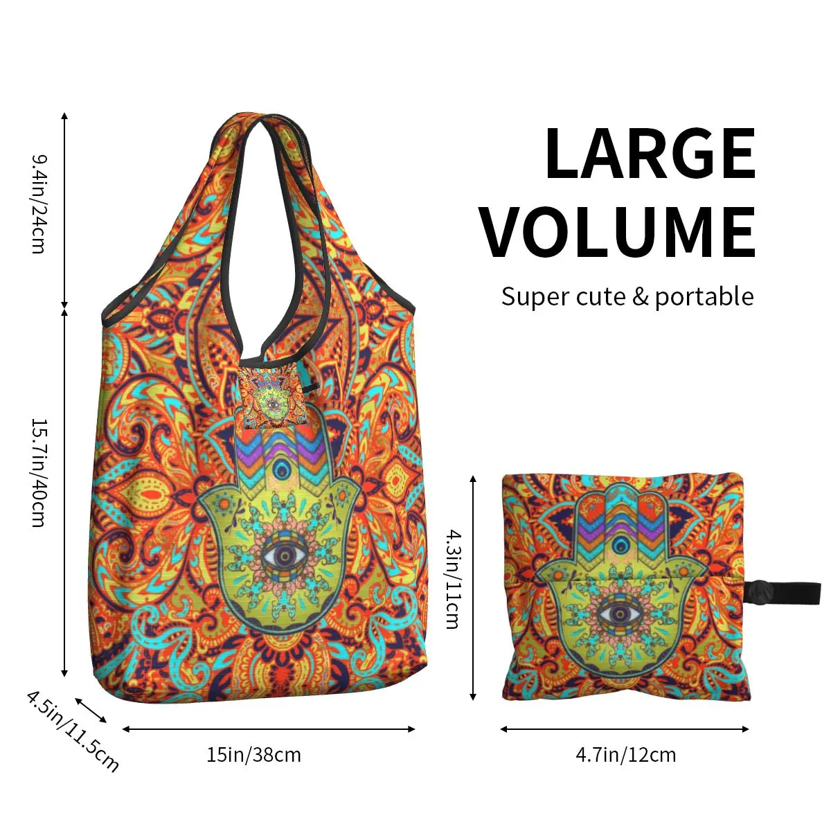 Saco de compras personalizado Cor Hamsa Mão para as Mulheres, portátil Grande Capacidade Mercearia Mão de Fátima Tote Shopper Bags