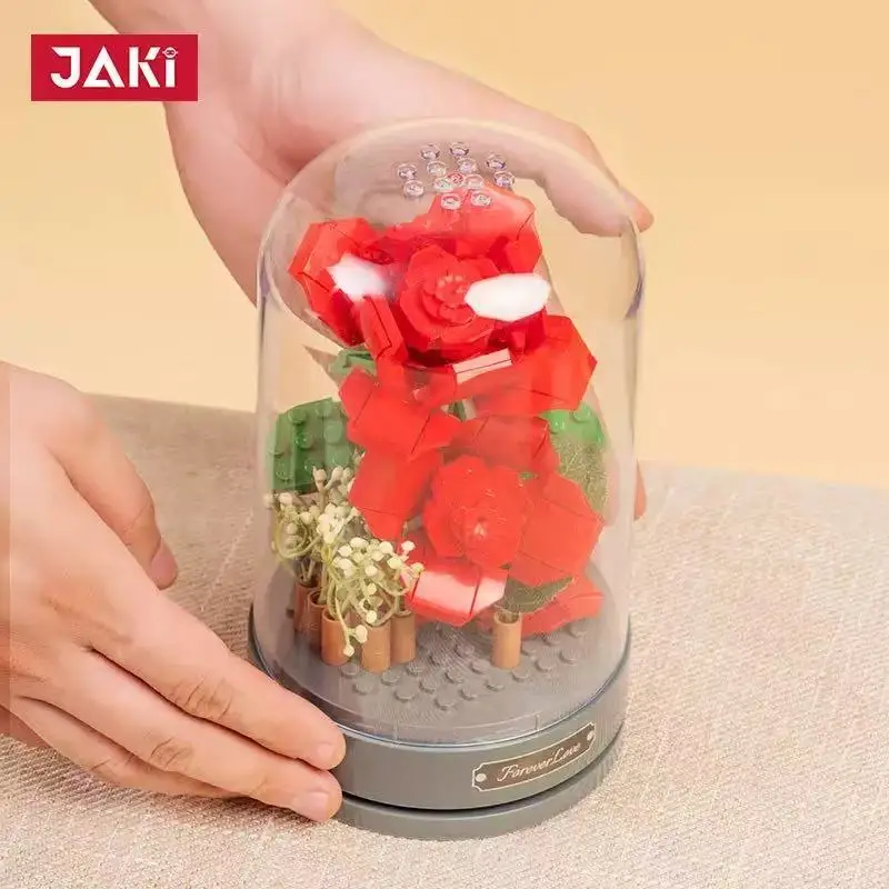 

JAKI для девочек, строительные блоки с мелкими частицами, музыкальная шкатулка, игрушка, роза, вечный цветок, музыкальная шкатулка, модель сборки, игрушка для девочек, цветочный подарок