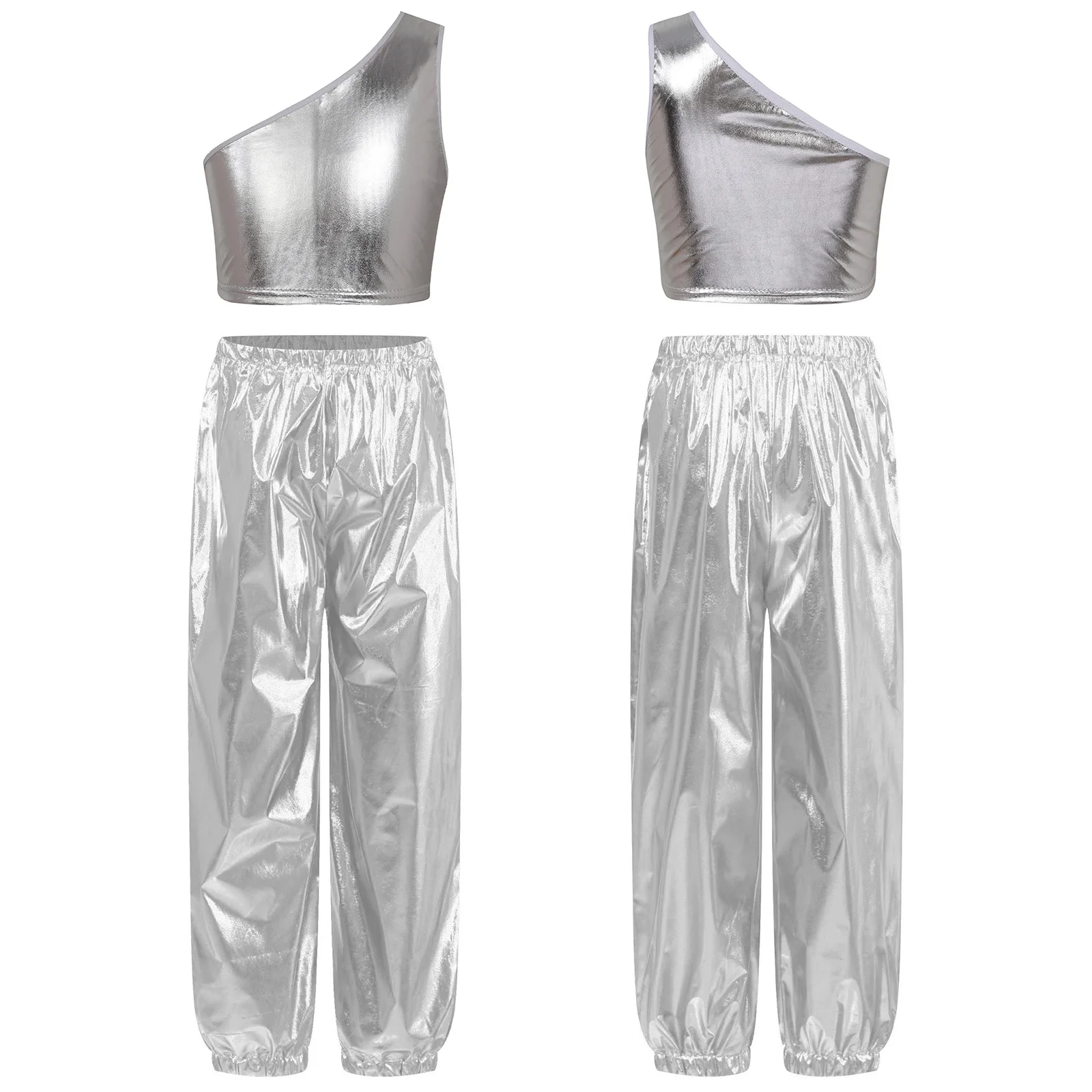 Girls Ballet Dance Costume One Shoulder Sleeveless Metallic Cropped Vest with Shiny Pants Set for Stage Performance Party Show