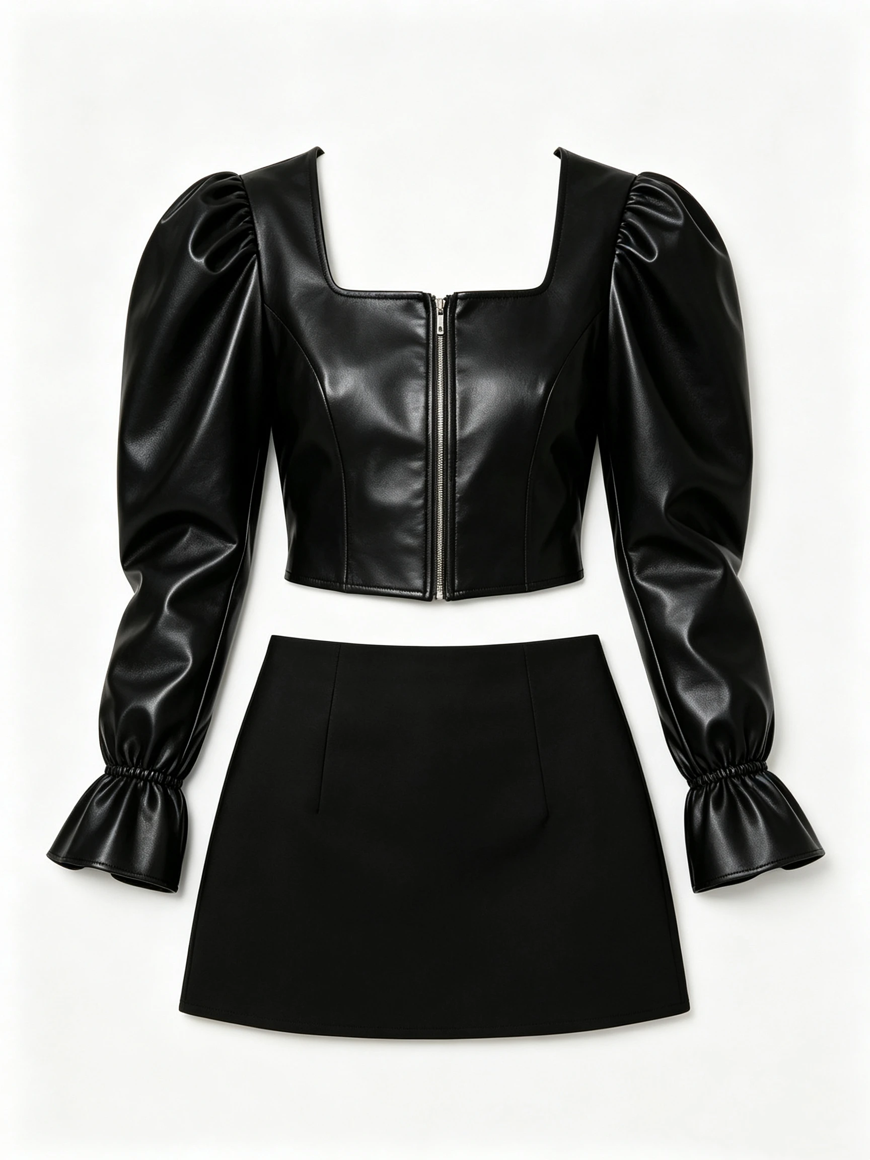 Women's Puff Sleeve Faux Leather Jacket with Square Neck and Zip Front