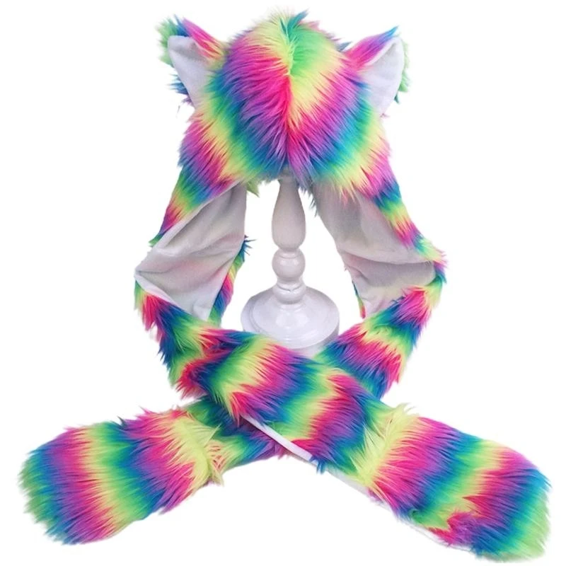 400A 3 in 1 Hooded Long Scarf Hat with Pockets Gloves Rainbow Plush Warm Shawl Wrap