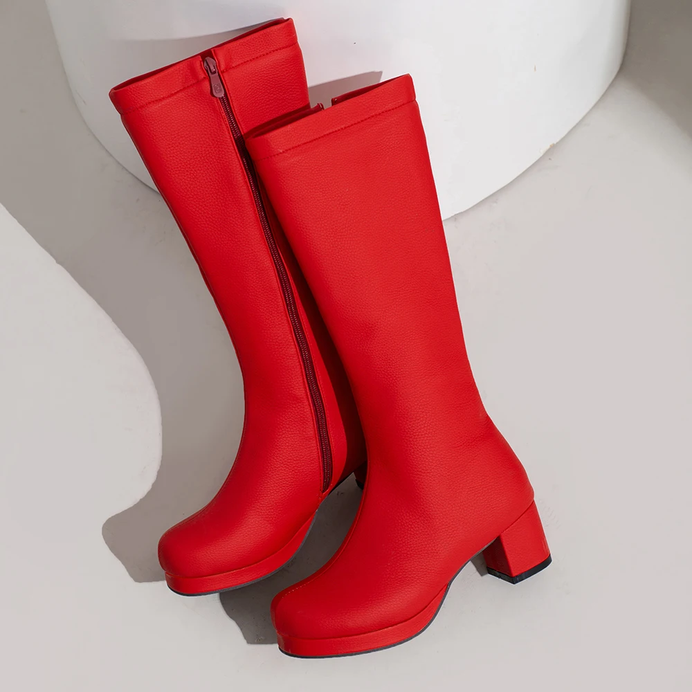 Women Boots Fashion round Toe Long Boots Cosplay Purple Yellow Knee High Boots For Women Candy Colors Boats 5CM Heels Shoes