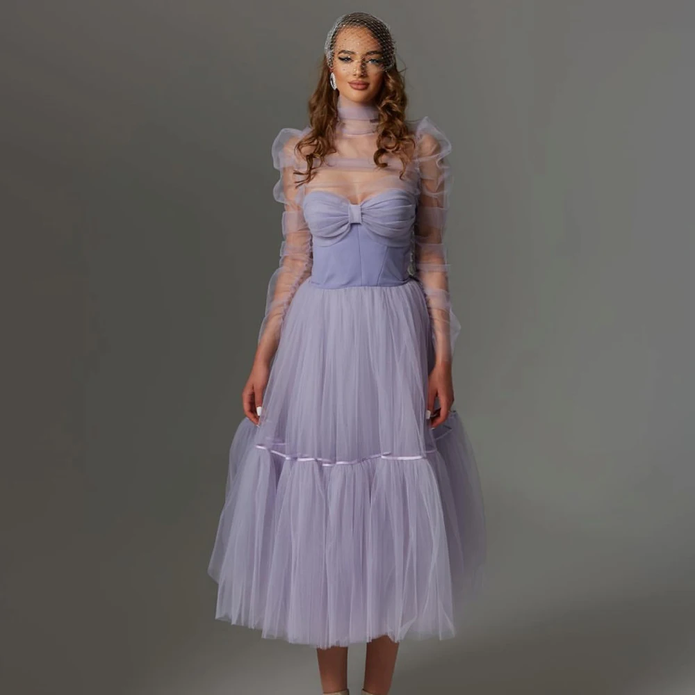 

See Through High Neck Long Sleeve A-line Midi Length Prom Dress Lavender Elegant Women Clothing Ever Pretty Gown Birthday Dresse