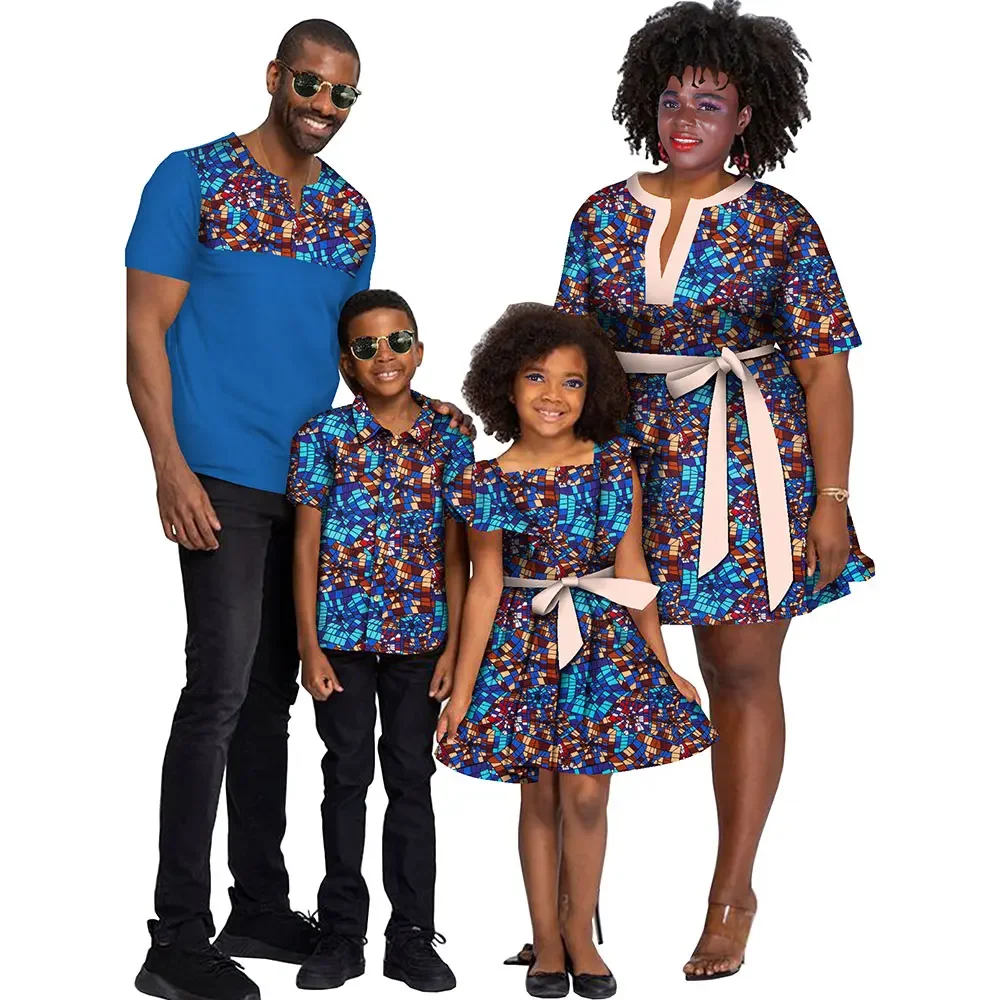 

Casual Family Matching Clothes Father Mother Son Daughter Short Sleeve Men Top Women Dress African Print Clothing Wyq1029