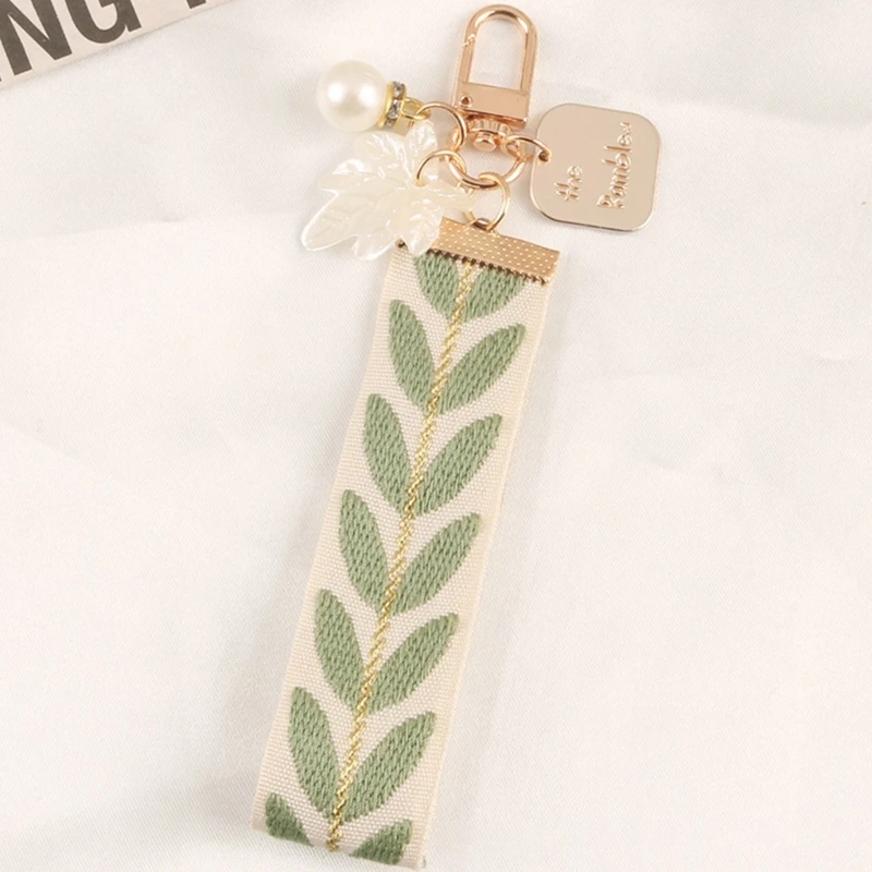 Leaf Pattern Keychain Wrist Lanyard Key Chain Pearl-Shell Pendant Keyrings-Decor