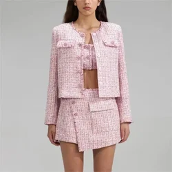 2024 Early Spring Pink Tweed Short Crew Neck Diamonds Jacket Shorts Woman Set