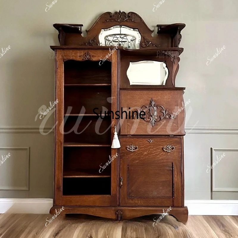 

French retro solid wood dining side cabinet, integrated storage and storage, rural multi-functional decoration