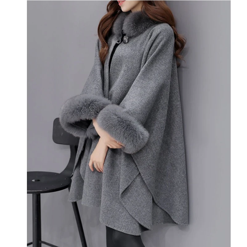 

Women Cloak Shawl Jacket Plus Size Female Winter Outwear New Bigsweety High Quality Women Fox Fur Collar Long Wool Coat Elegant