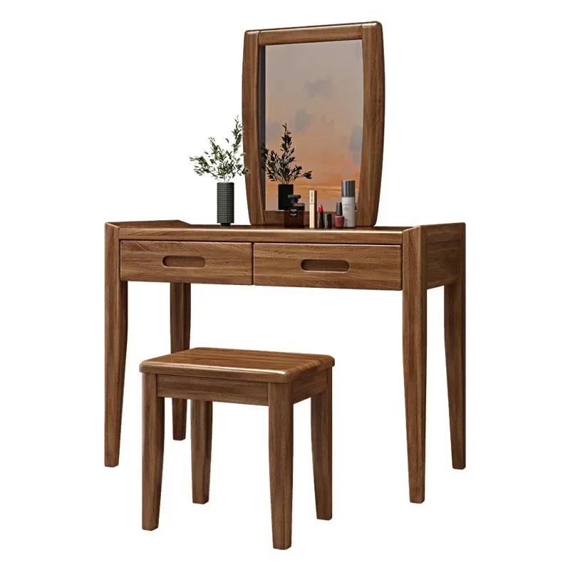 2 Drawers Walnut Solid Wood Makeup Vanity Table Set Dressing Simple Mirror Stool Drawer Dressing Table Bedroom Wood Furniture