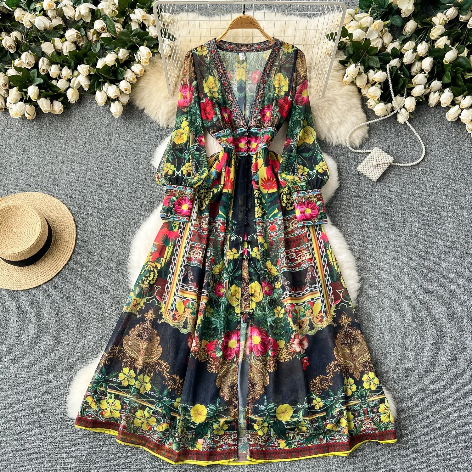 Palace Style Holiday Summer Autumn Long Sleeve Floral Maxi Dress Women Deep V Neck Sexy Print Flower Chiffon Vestidos Party