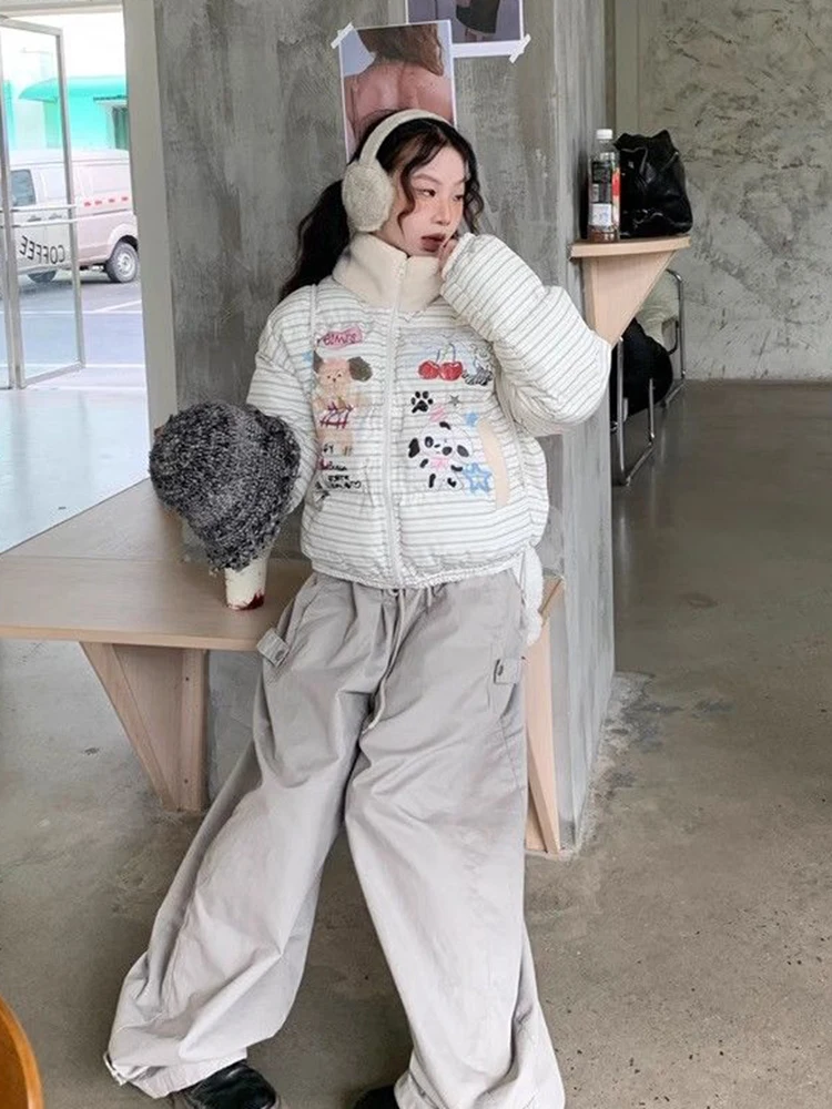 Parka con stampa cartoon preppy donna inverno vintage a righe Kawaii cappotti caldi gonfi colletto alla coreana retrò americano capispalla streetwear
