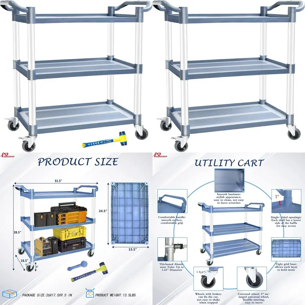 Carrinho de cozinha com rolamento de 3 camadas para serviço pesado, capacidade de 510 libras, rodas com fechadura, montagem sem ferramentas, cinza para uso em restaurante e escritório