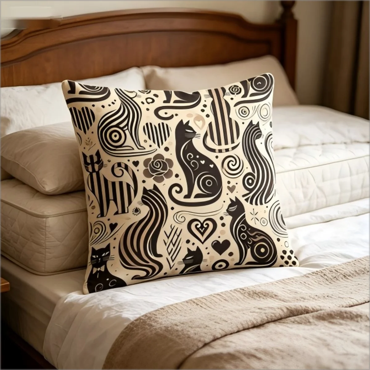 Retro Abstract Black Cat Print Pillow Cover, Mid-Century Modern Geometric Cat Pattern Cushion Case for Sofa Bedroom Home Decor