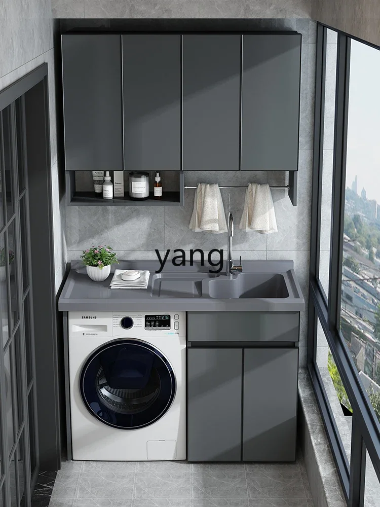 Yjq Alumimum Balcony Washing Machine Integrated Cabinet Combination Sink with Washboard Corner Cutting Customized Table Top