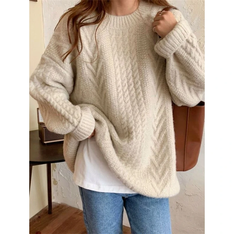 

Women's round Ne Pullover Sweater Knitted Pure Color Autumn Winter New Sle Vintage Twist Bot Needle Loose Fit Long Sve