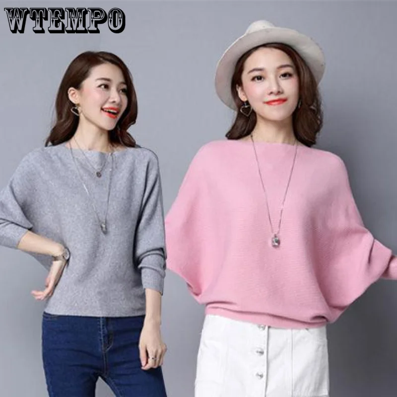 WTEMPO Winter Women Sweater Batwing Sleeve Jersey mujer Oversized Jumper Slash Neck Women\'s Knitted Sweaters Coat