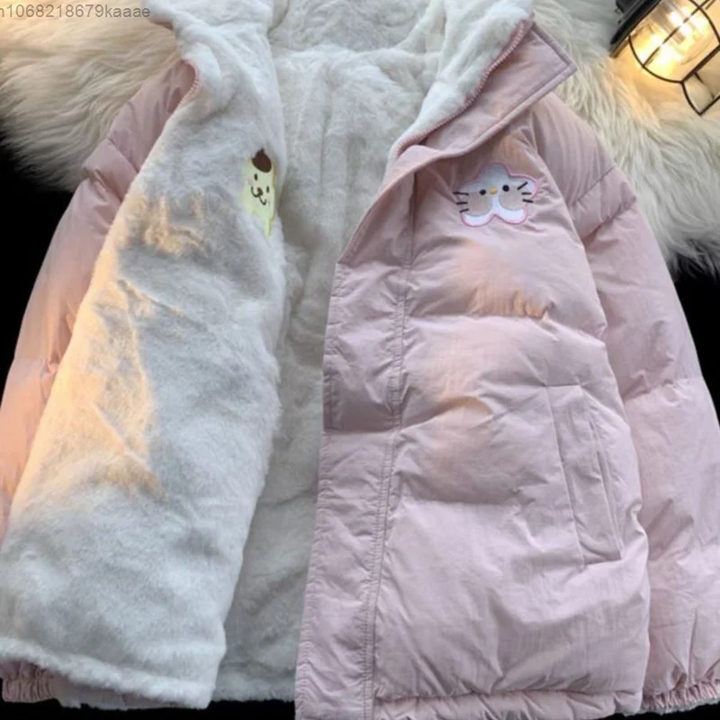 Sanrio Cute Cartoon Thick Warm Two Sided Coat For Women Winter College Style Loose Casual Versatile Jacket New Trend Zipper Coat