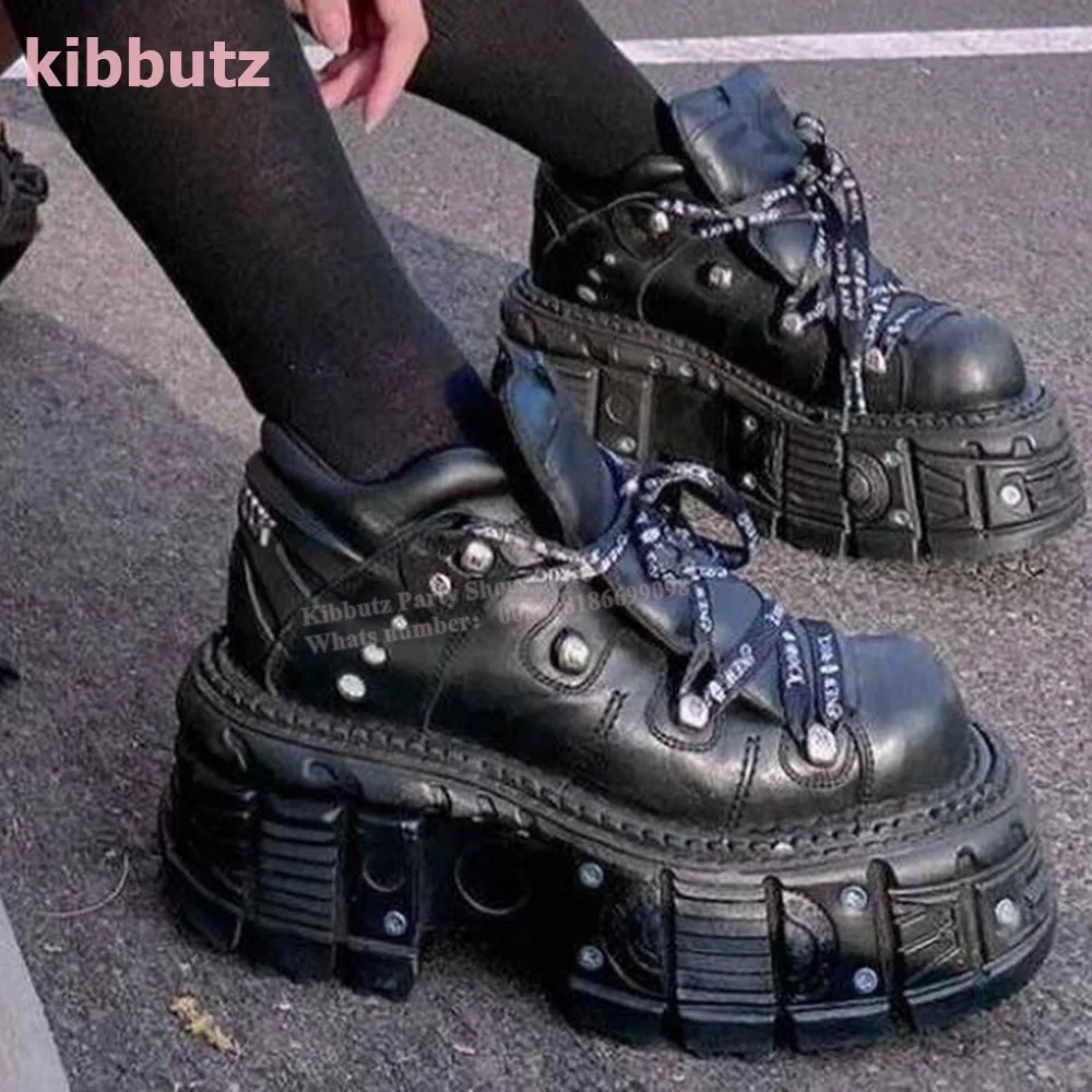 

Thick Bottom Sneakers Platform Dark Rock Punk Round Toe Height Increase Lace-Up Metal Decor Fashion Novelty Hot Girls Shoes New