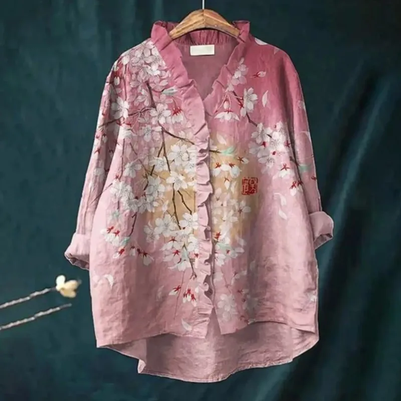 

Women's floral printed long sleeved shirt new V-neck casual top, women's long sleeved lace shirt,