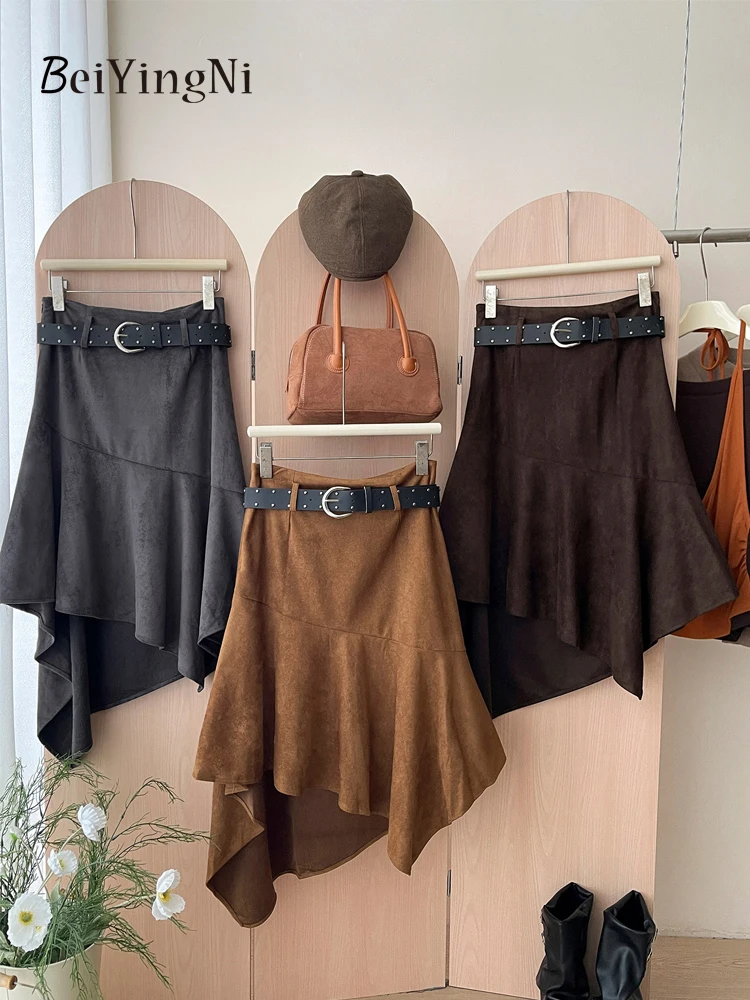 Beiyingni Winter Elegant Midi Skirt Women Casual Ruffles Irregular Y2K Skirts With Belt Plain Chic French Khaki A-line Skirt New