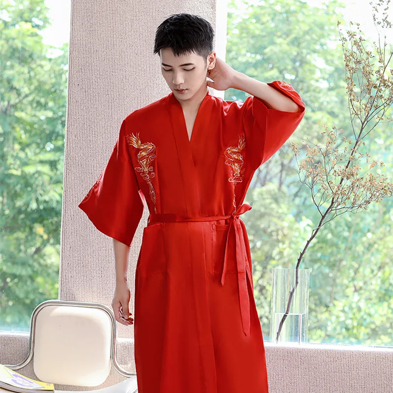 Casual Satin Half Sleeve White Soft Bathrobe Gown Embroidery Dragon Men Japanese Kimono Robe Chinese Traditional Yukata