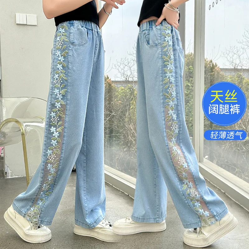 

Джинсы из тенселя для девочек, детские летние широкие джинсовые брюки с кружевной вышивкой по бокам в китайском стиле, Новое поступление, прямые брюки для детей