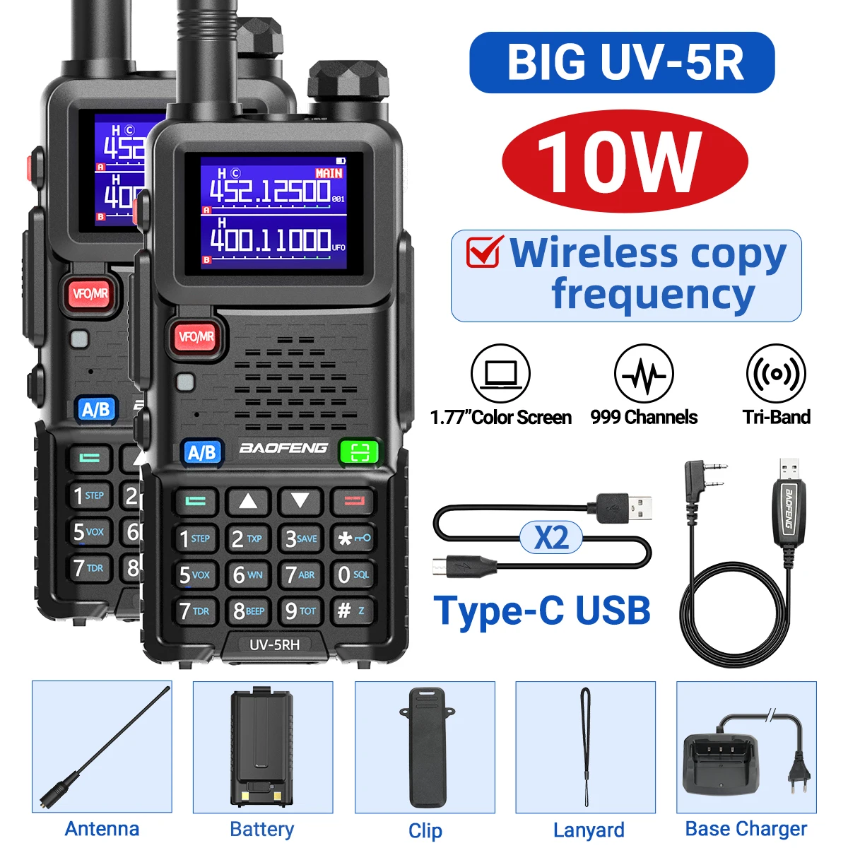 2PCS UV-5RH 10W Air Band Walkie Talkie Draadloze Kopieerfrequentie 999CH Type-C NOAA Lange afstand NOAA VOOR Baofeng UV-5R K5 Ham Radio