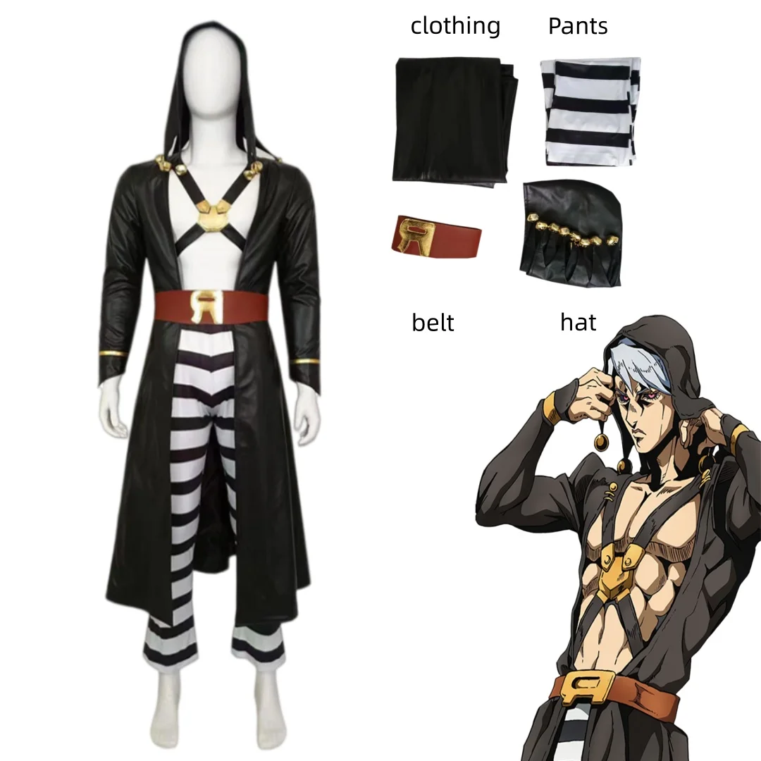 

Wonderful adventure cosplay costume black hooded long jacket+striped pants set Halloween party outfit with accessories