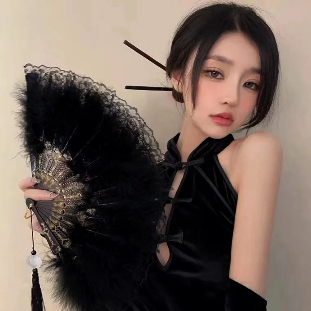

Складной ручной веер Cheongsam в китайском древнем стиле с пластиковым веером, винтажный ретро-мех, женский модный веер, черный, белый цвет