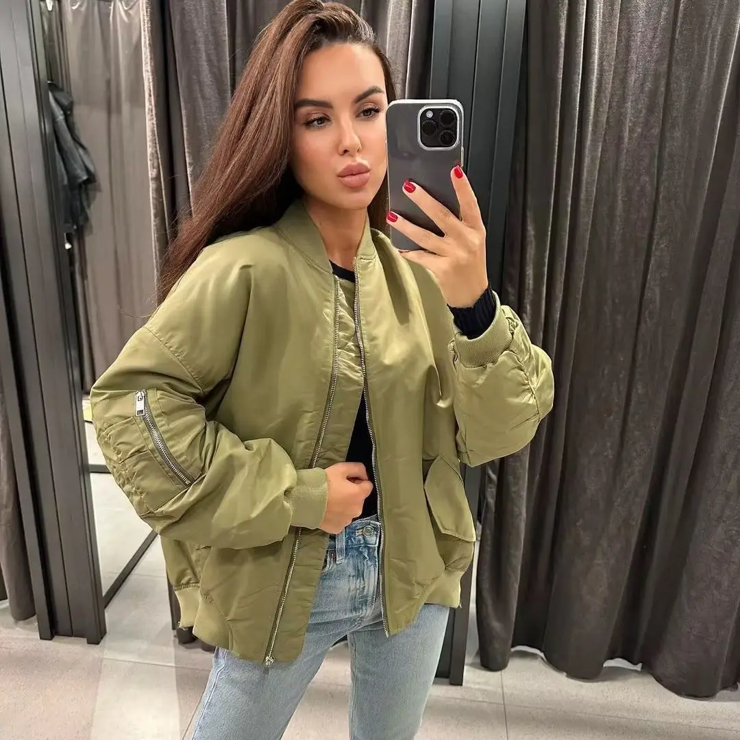 

Fashion 2023 Bomber Jackets for Women Autumn Winter Casual Loose Coat Ladies Chic Long Sleeve Pockets New Outerwear