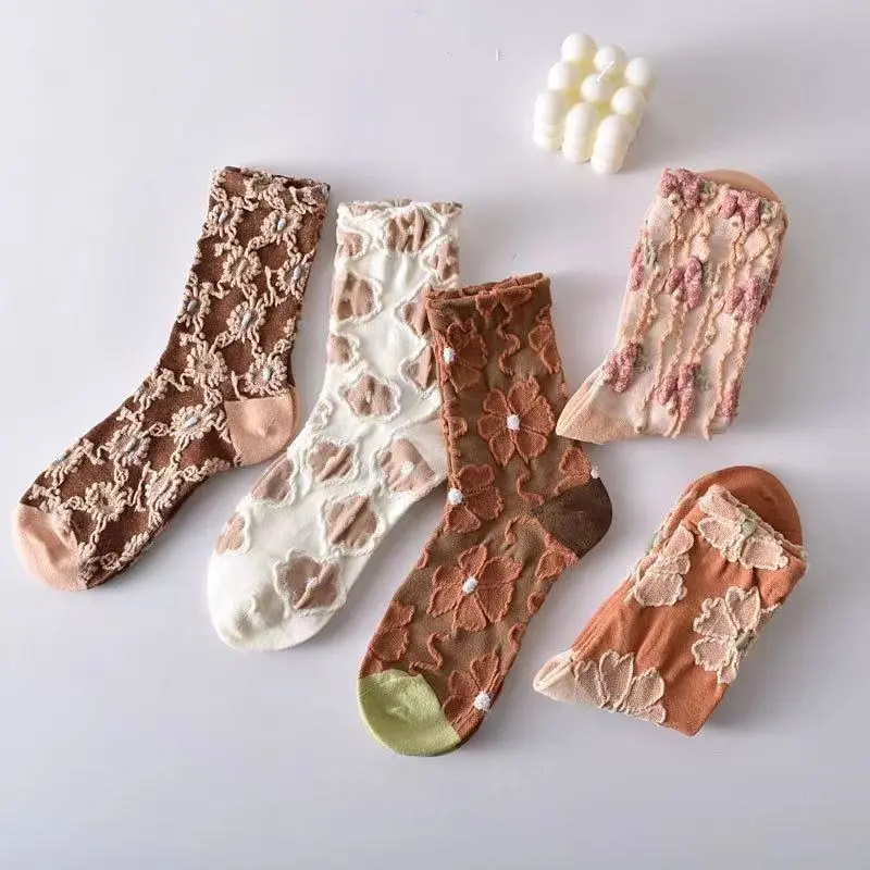 5 pairs Simple fashionable women's mid tube socks versatile retro lace long socks new spring autumn comfortable women's socks ﻿