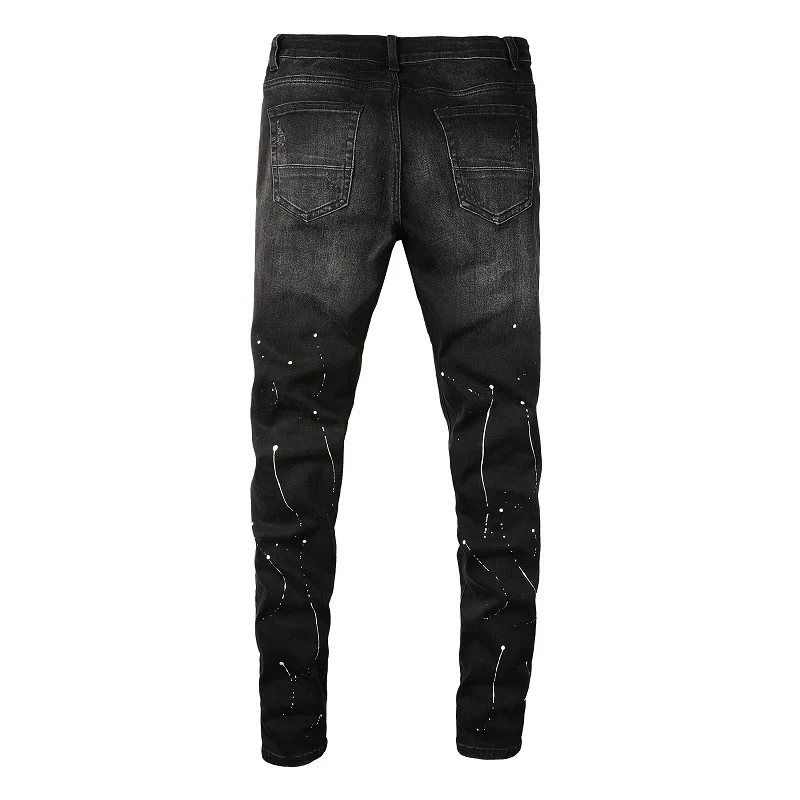 Herren-Jeans aus Stretch-Denim mit Kristallverzierung, Skinny-Schnitt, mit aufgemalten Löchern, zerrissene, schmal zulaufende Hose, Streetwear, Patchwork-Design, schwarze Hose. – Detail 16