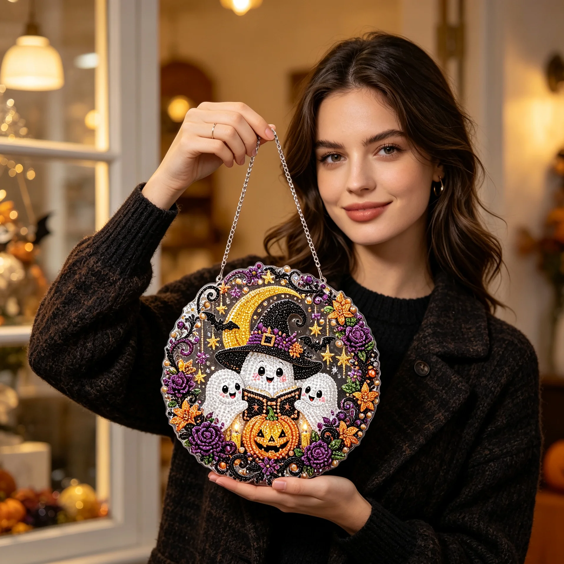 DIY Halloween pearl diamond painting pendant, acrylic circular board, handmade two-dimensional flat pearl beads, holiday window