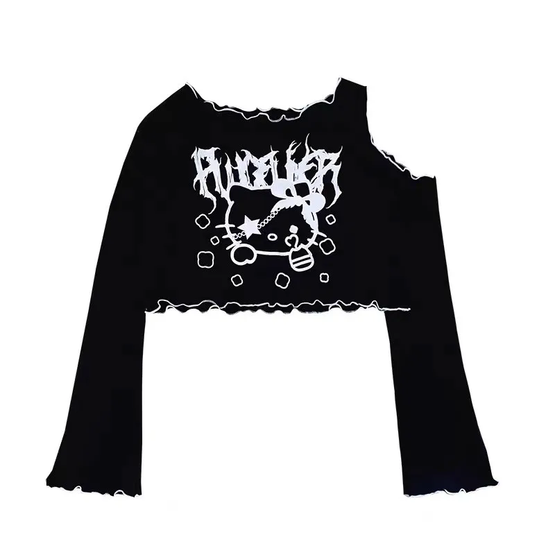 Karrcat Punk Gothoc Crop Tops Fairy Grunge T Shirts E-girls Y2k Tops Harajuku Car Printed Hollow Out Long Sleeve Tee Shirt Emo