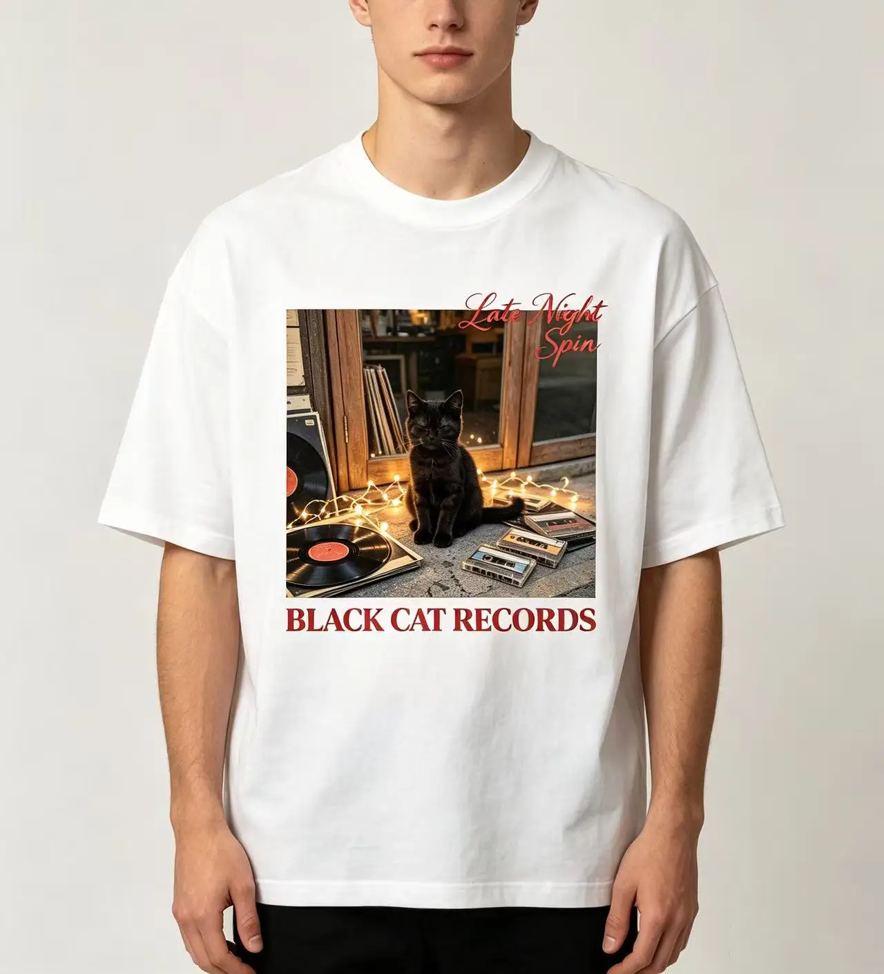 Unisex Black Cat Records Late Night Spin Vinyl Cassette Cat Graphic T Shirt Men Women Retro Warm Light Music Print Oversized Crew Neck Cotton Tee