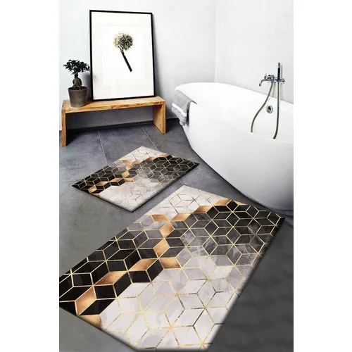 Else Carpet Else Black Yellow Boxes Pattern Washable Non-Slip Bath Mat 2li Toilet Seat Pad Mat Dts-33