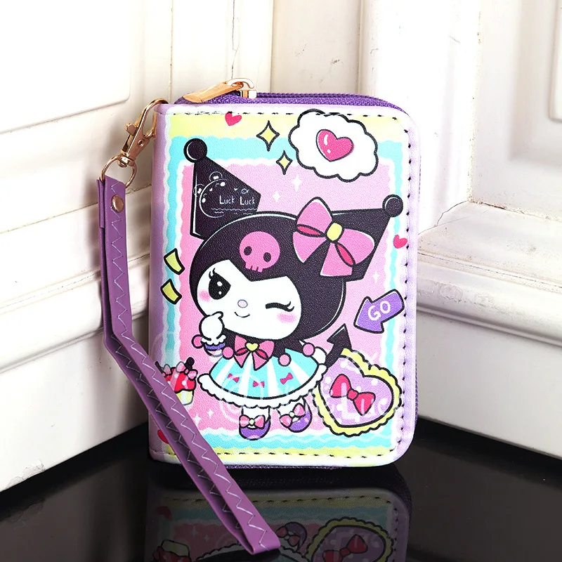 Kawaii Sanrio Kuromi Women Cute Small Short Wallets Wrist Strap Coin Purse Leather Multi Card Holder Zipper Money Clip Bag