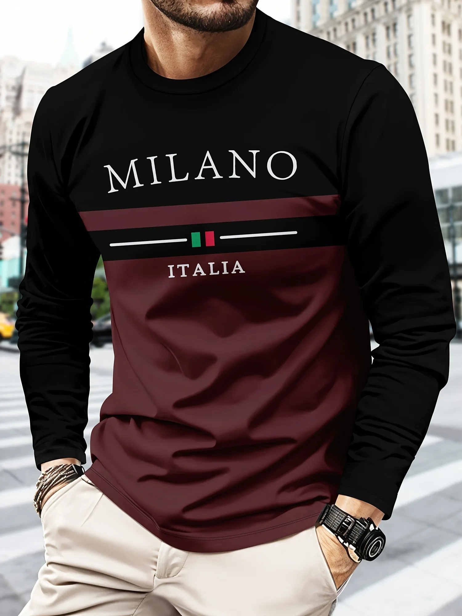 Milan Letter Print Men's Casual Fashion Long Sleeve T-Shirt Perfect for Spring and Fall Daily Outdoor Fashion Wear