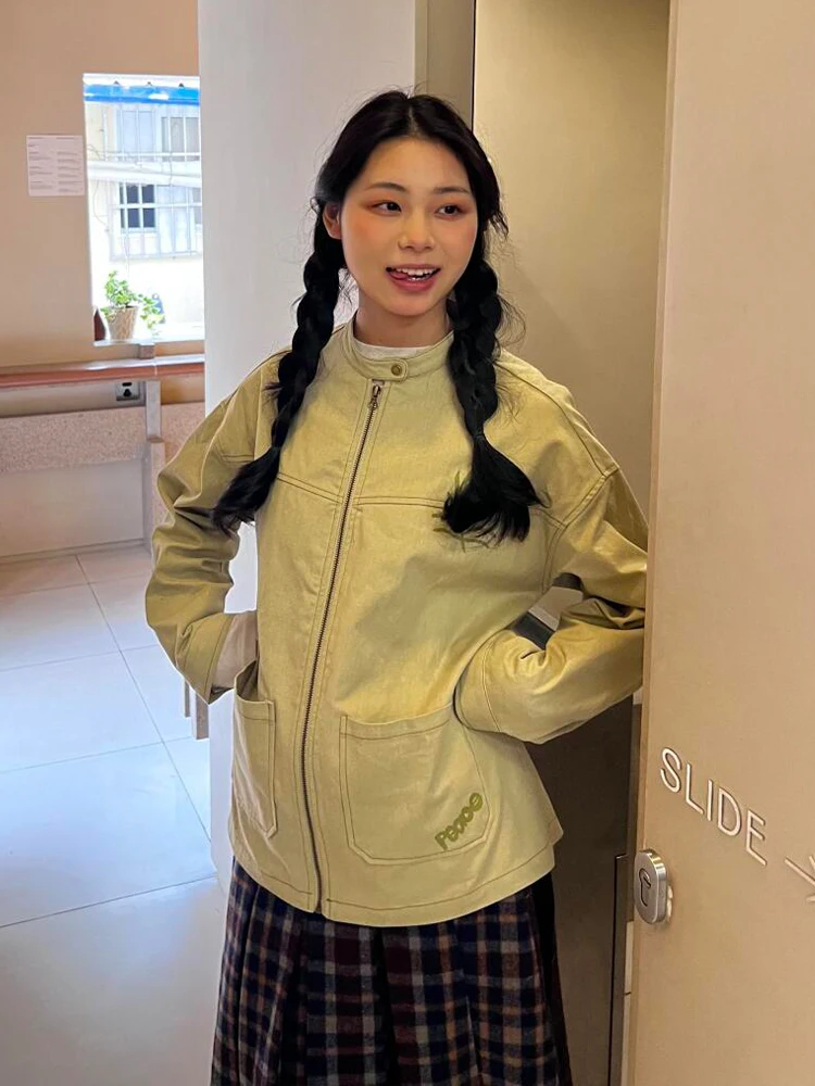 

Винтажная рабочая куртка-кардиган женская, новая коллекция ранней весны, на молнии, свободного кроя, повседневная, винтажный топ с длинными рукавами и воротником-стойкой